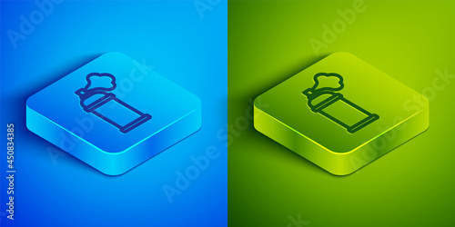 Isometric line Paint spray can icon isolated on blue and green background. Square button. Vector