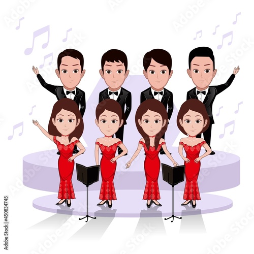 Cartoon carricature of a group is singing an orchestra photo