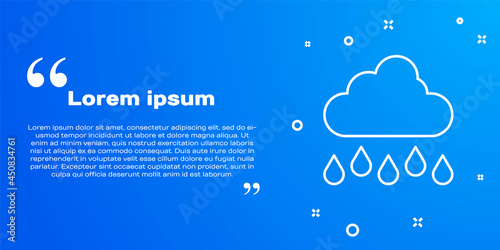 White line Cloud with rain icon isolated on blue background. Rain cloud precipitation with rain drops. Vector