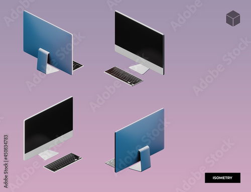 3d visualization of icons, computer with keyboard in isometric view display
