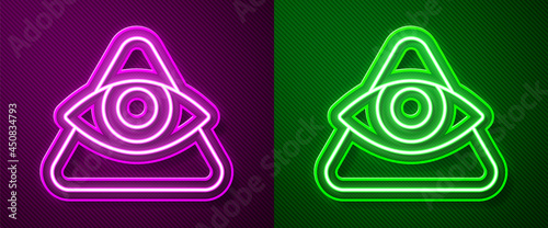 Glowing neon line Masons symbol All-seeing eye of God icon isolated on purple and green background. The eye of Providence in the triangle. Vector