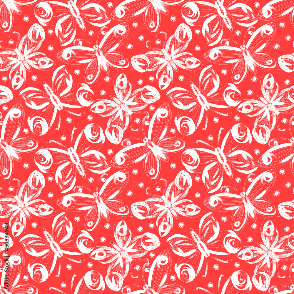 Seamless pattern with fluttering white butterflies on a red background Seamless pattern with fluttering white butterflies on a red background