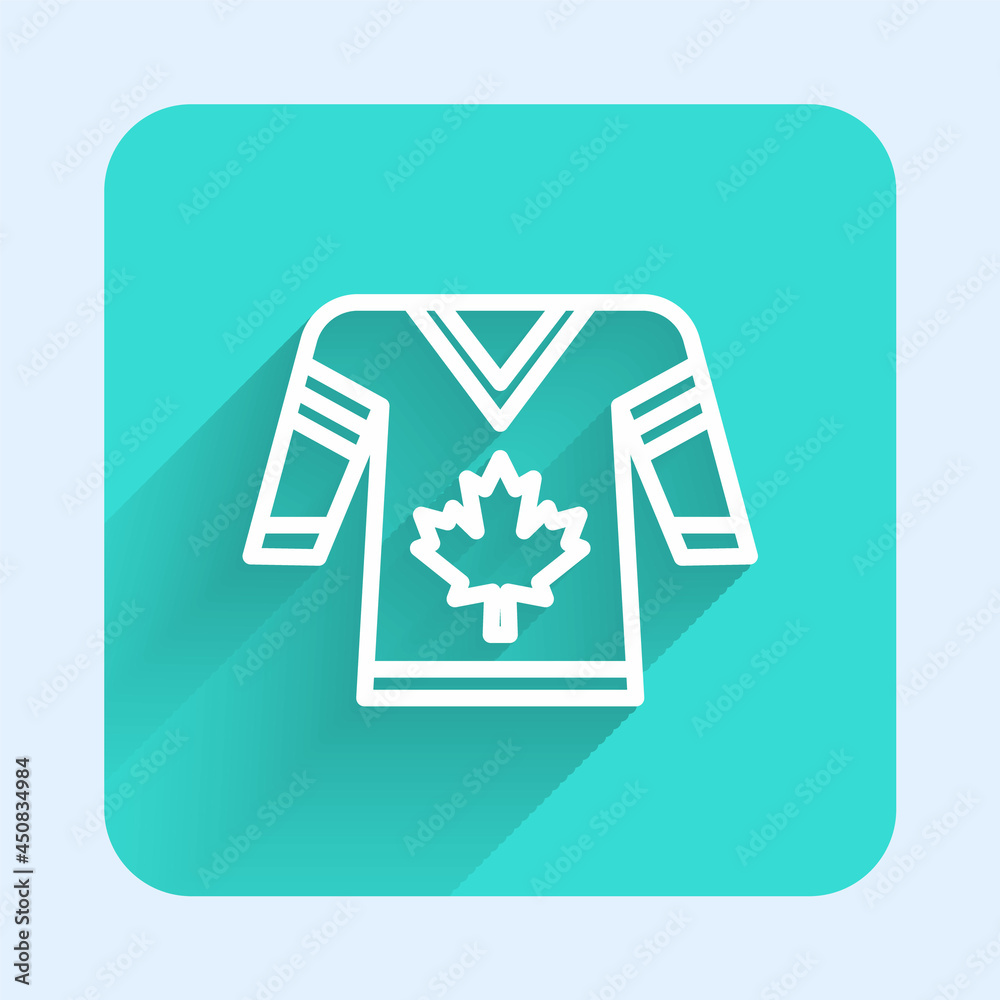 White line Hockey jersey icon isolated with long shadow background. Green square button. Vector White line Hockey jersey icon isolated with long shadow background. Green square button. Vector