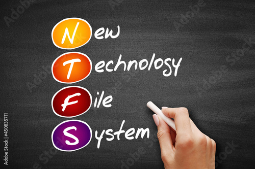 NTFS - New Technology File System acronym, technology concept on blackboard