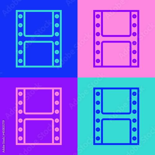 Pop art line Play video icon isolated on color background. Film strip sign. Vector
