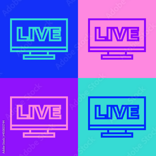 Pop art line Live streaming online videogame play icon isolated on color background. Vector