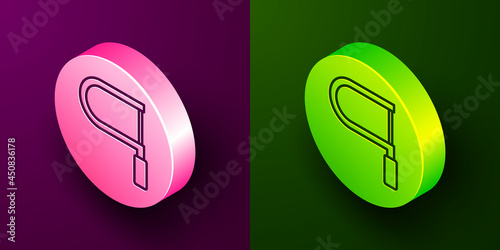 Isometric line Hacksaw icon isolated on purple and green background. Metal saw for wood and metal. Circle button. Vector