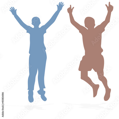 Silhouette of people. A couple of people. Jump and hands up. Flat style. Vector image isolated. Great design for any purpose. Vector graphics. Design element.