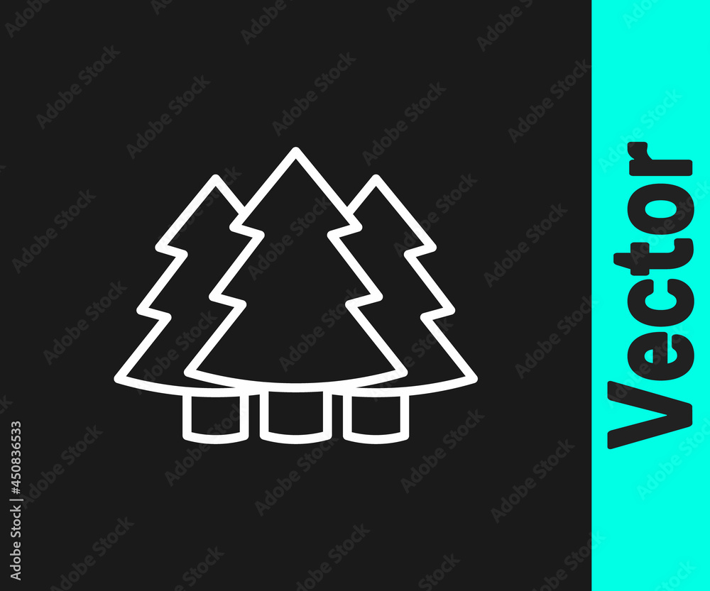 White line Christmas tree icon isolated on black background. Merry Christmas and Happy New Year. Vector White line Christmas tree icon isolated on black background. Merry Christmas and Happy New Year. Vector