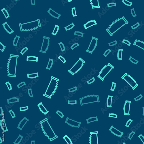 Green line Two-handed saw icon isolated seamless pattern on blue background. Vector