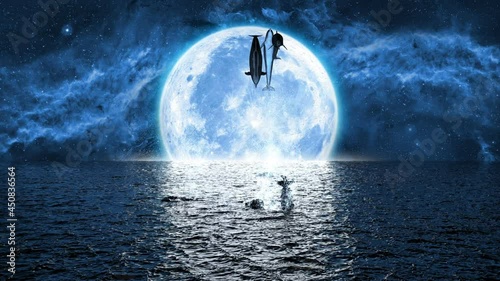 jumping dolphins on the background of the big moon, 3d animation