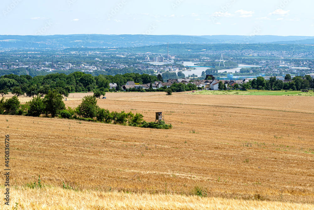 Obraz premium The stubble field in the summer in the background, the river between the buildings and the bridge, aerial view.