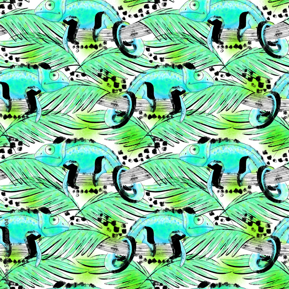 Seamless pattern with chameleons Bright summer design
