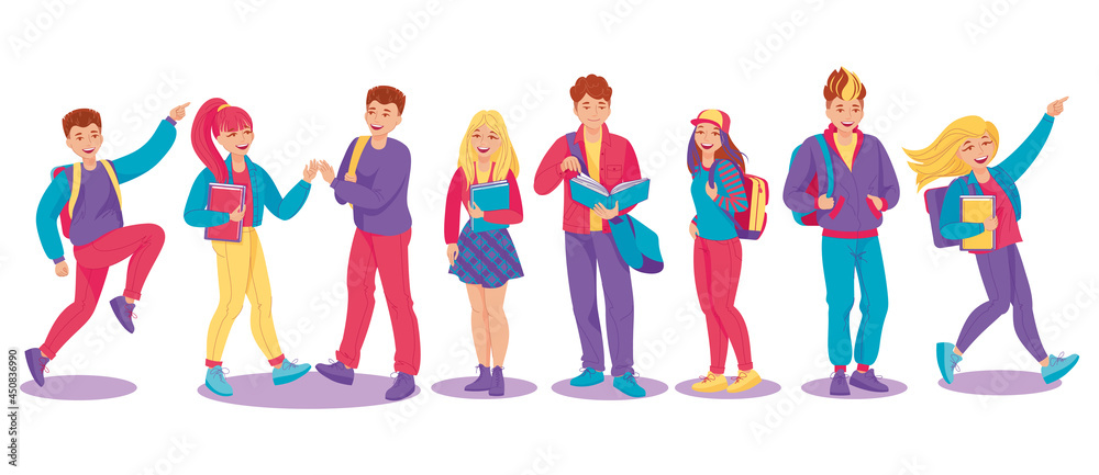 Set of young people. Campus students, schoolchildren, teenagers group. Back to school. Vector illustration, cartoon characters, icons, simbols, design elements