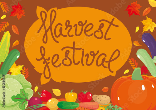 Harvest festival poster with fresh vegetables. Autumn background. Healthy vegetarian food  farm products. Vector illustration  cartoon objects  icons  simbols  banner  flyer