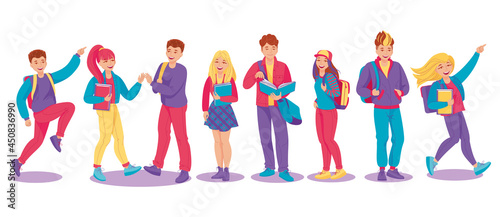 Set of young people. Campus students, schoolchildren, teenagers group. Back to school. Vector illustration, cartoon characters, icons, simbols, design elements © Lina_vector
