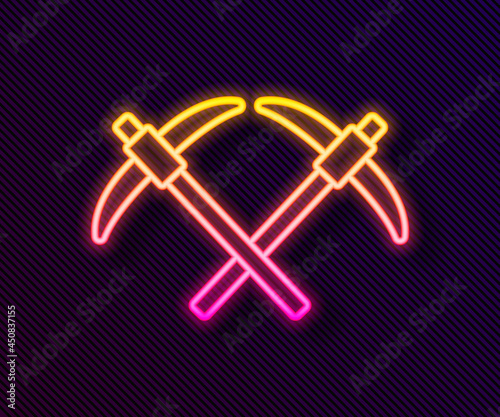 Glowing neon line Pickaxe icon isolated on black background. Vector