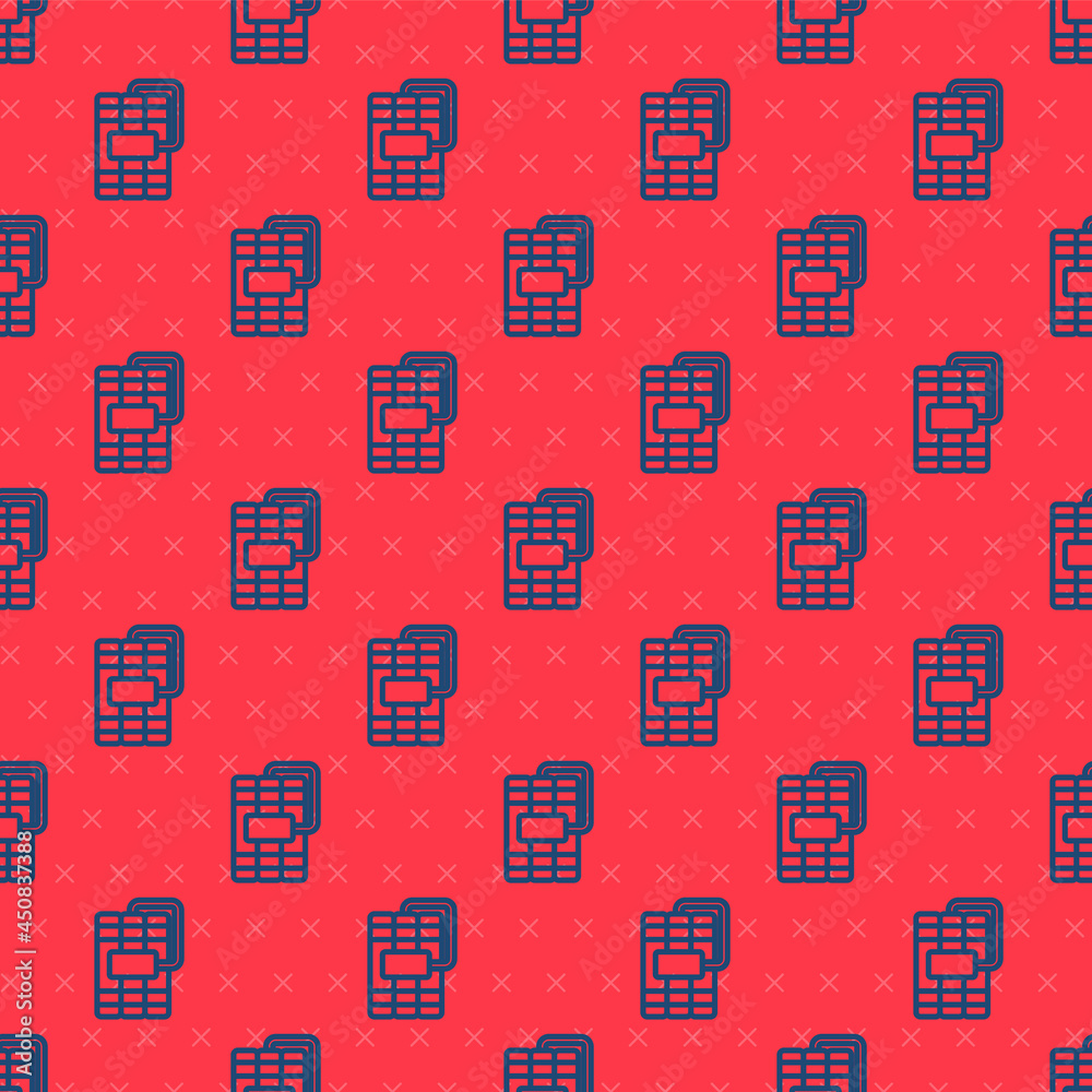 Blue line Detonate dynamite bomb stick and timer clock icon isolated seamless pattern on red background. Time bomb - explosion danger concept. Vector