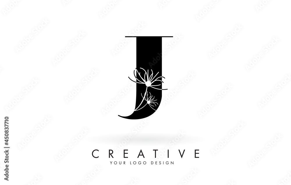 J letter logo design with elegant and abstract flowers vector illustration.