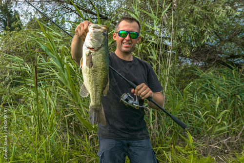 Bass fishing. Big bass fish in hands of pleased fisherman with spinning rod. Largemouth perch at pond photo