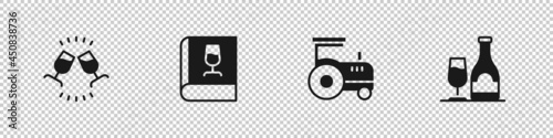 Set Wine tasting, degustation, Book about wine, Tractor and bottle with glass icon. Vector