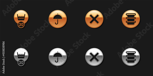 Set Temperature wash, Delivery package with umbrella, X Mark, Cross in circle and Bowl icon. Vector