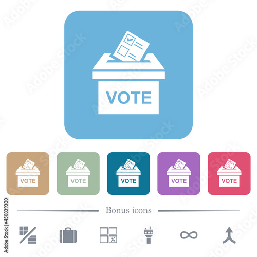 Voting paper and ballot box solid flat icons on color rounded square backgrounds