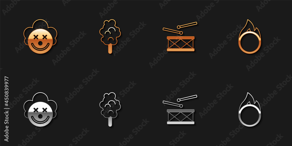 Set Clown head, Cotton candy, Drum with drum sticks and Circus fire hoop icon. Vector Set Clown head, Cotton candy, Drum with drum sticks and Circus fire hoop icon. Vector