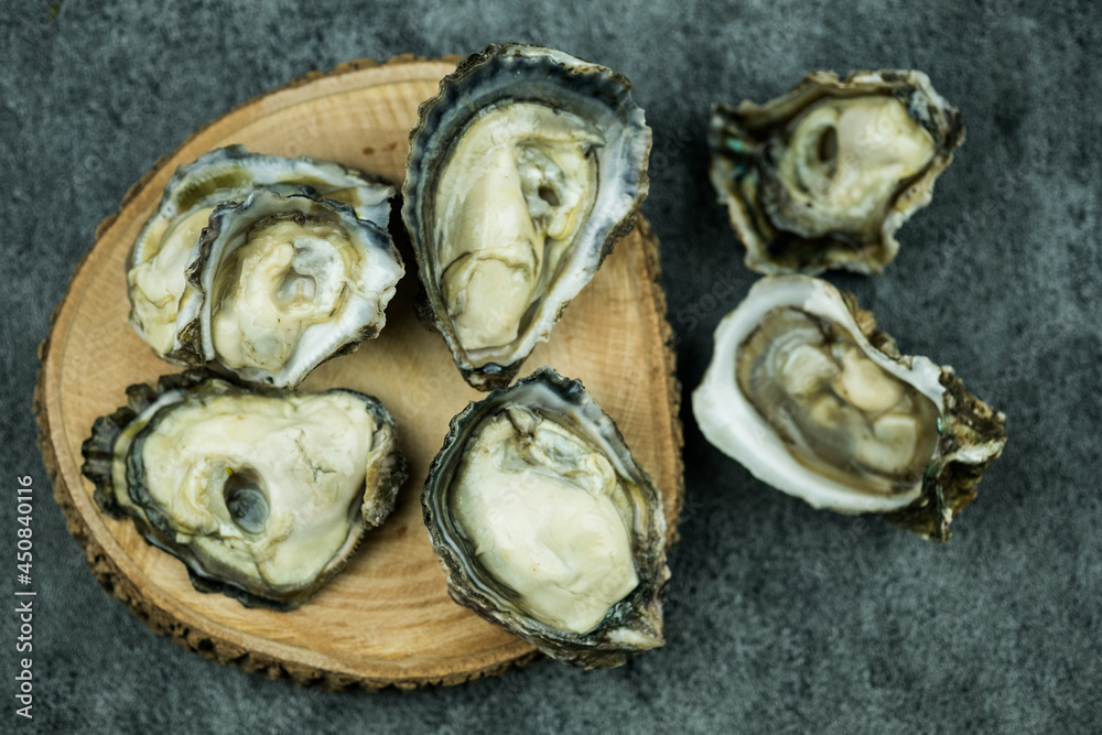 Fresh raw oysters, shot from the top
