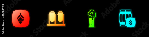 Set Hop, Beer brewing process, Glass of beer and Wooden barrel icon. Vector