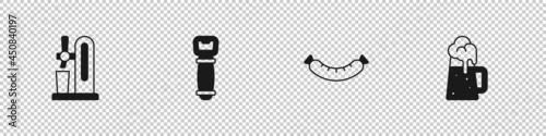 Set Beer tap with glass, Bottle opener, Sausage and Wooden beer mug icon. Vector