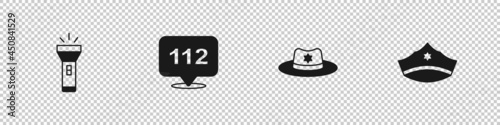 Set Flashlight, Telephone call 112, Sheriff hat with badge and Police cap cockade icon. Vector