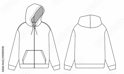 Long sleeve hoodie technical fashion Drawing sketch template front and back view. apparel dress design vector illustration mock up jacket CAD. Easy edit and customizable.