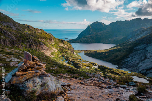 Beautiful view of mountains and ocean on the trail to Munkeby hut, Lofoten, Norway