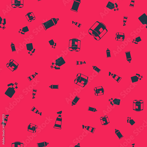 Set Tube with paint palette, Paint spray can, gun and on seamless pattern. Vector