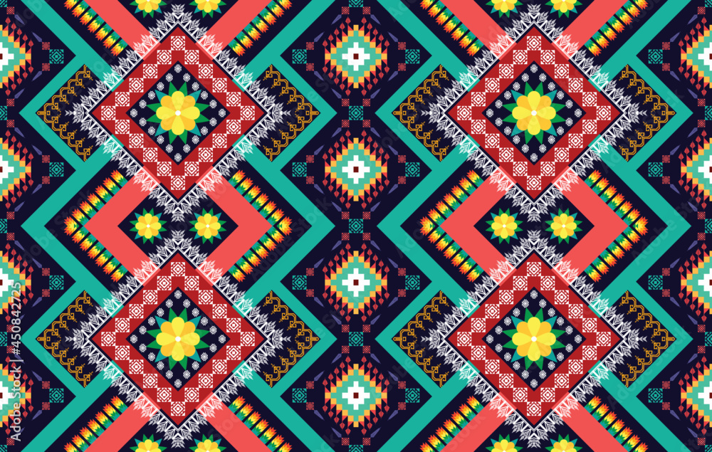 Ikat Indian ethnic pattern design. Aztec fabric carpet mandala ornament boho chevron textile decoration wallpaper. Geometric traditional embroidery vector illustrations background.