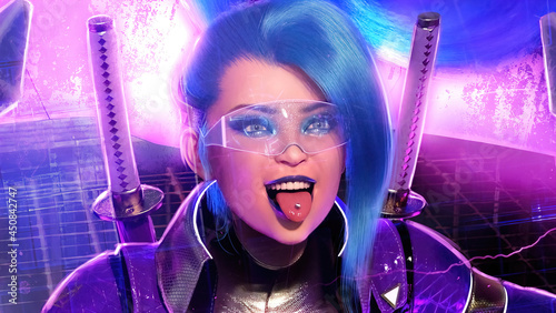 A crazy and cheerful girl with two katanas behind her back cheerfully shows her tongue with piercings, she has blue hair and makeup, she has a charming face and facial expressions 3d render