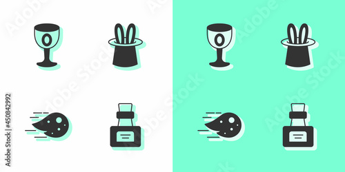 Set Bottle with potion, Medieval goblet, Fireball and Magician hat and rabbit ears icon. Vector