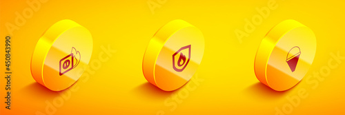 Set Isometric Electric wiring of socket in fire, Fire protection shield and cone bucket icon. Vector