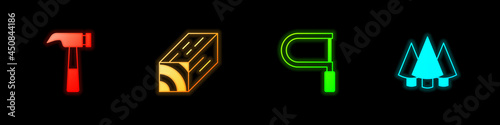 Set Hammer, Wooden beam, Hacksaw and Christmas tree icon. Vector