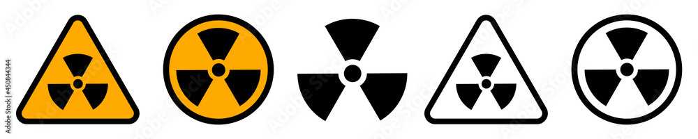 Set of radiation hazard signs. Radiation, round and triangular signs. Radioactive threat alert. Radiation area. Vector. Set of radiation hazard signs. Radiation, round and triangular signs. Radioactive threat alert. Radiation area. Vector.
