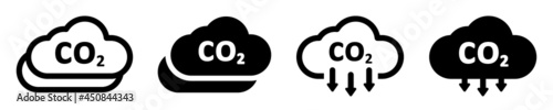 Set of co2 emissions cloud icons. Carbon dioxide, smog pollution concept, smoke pollutant damage. Carbon dioxide emissions signs. Gas reduction business concept. Vector.