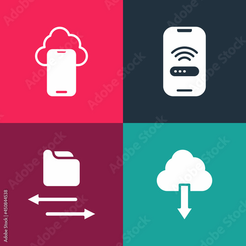 Set pop art Cloud download, Transfer files, Mobile with wi-fi wireless and technology data icon. Vector