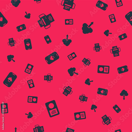 Set Music player, Smart printer system, Cloud technology data and download on seamless pattern. Vector