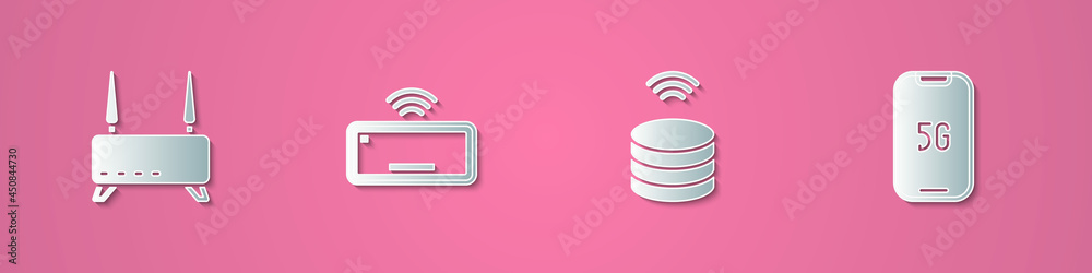 Set paper cut Router and wi-fi signal, Computer keyboard, Smart data server and Mobile with 5G icon. Paper art style. Vector Set paper cut Router and wi-fi signal, Computer keyboard, Smart data server and Mobile with 5G icon. Paper art style. Vector