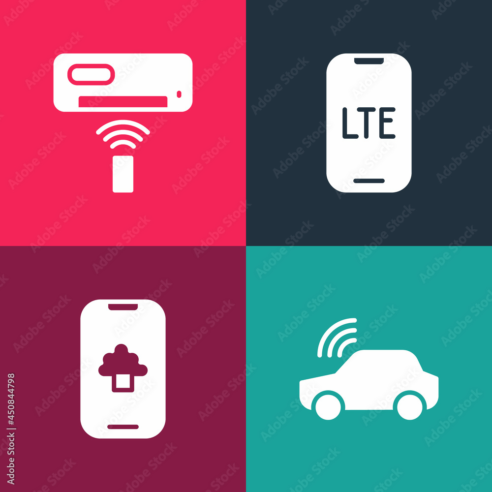 Set pop art Smart car system, Cloud technology data, LTE network and Air conditioner icon. Vector Set pop art Smart car system, Cloud technology data, LTE network and Air conditioner icon. Vector