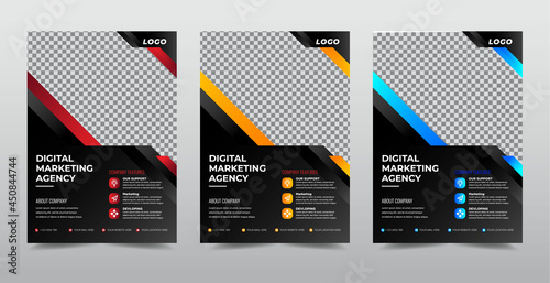 Corporate business flyer template design set with black background Red  Orange  blue color shape Flyer Colorful concepts  marketing  business proposal  promotion  advertise  publication  cover page 