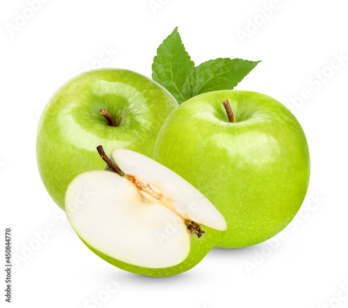 Fresh green apple with leaves isolated on white background