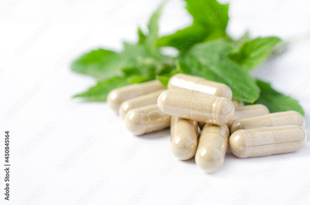 Closed up green Thai herb powder in capsule on blur green herb leaf on white background. For natural medication or alternative choice of disease treatment to avoid chemical allergy Closed up green Thai herb powder in capsule on blur green herb leaf on white background. For natural medication or alternative choice of disease treatment to avoid chemical allergy