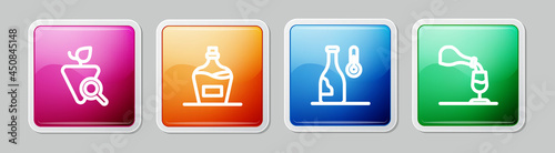 Set line Grapes, Old bottle of wine, Wine temperature and tasting, degustation. Colorful square button. Vector